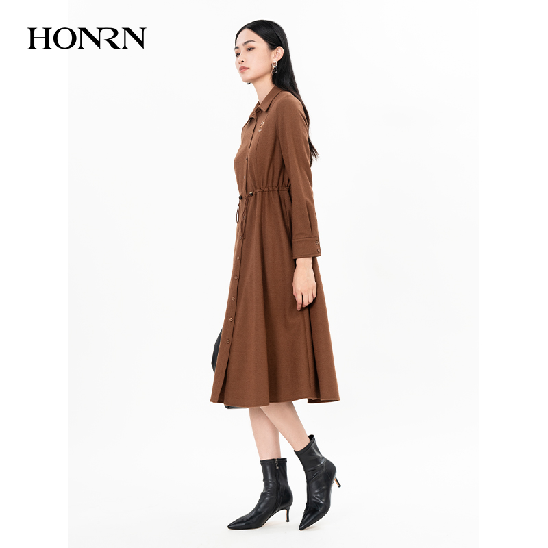 HONRN/红人抽绳收腰衬衫连衣裙
