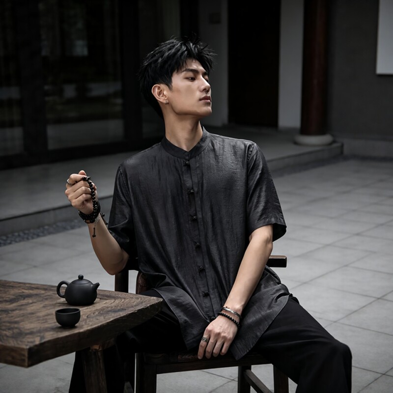 夏季新款香云纱唐装男短袖真丝桑蚕丝中国风男装中式衬衫佛系禅服