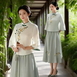 旗袍套装 显瘦唐装 茶艺师清新茶服女上衣茶楼工作服采耳师服装 中式