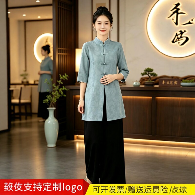 新中式美容院工作服女高端养生馆艾灸采耳师套装棉麻七分袖上衣女图片