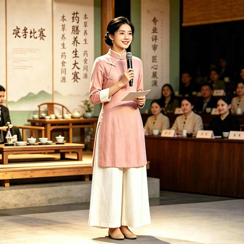 秋冬中医药养生馆国风工作服粉色奥戴旗袍上衣传统文化棉麻茶服女