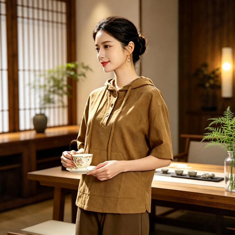 国风禅意佛系女装苎麻连帽衫宽松茶艺师禅修服透气上衣居士太极服