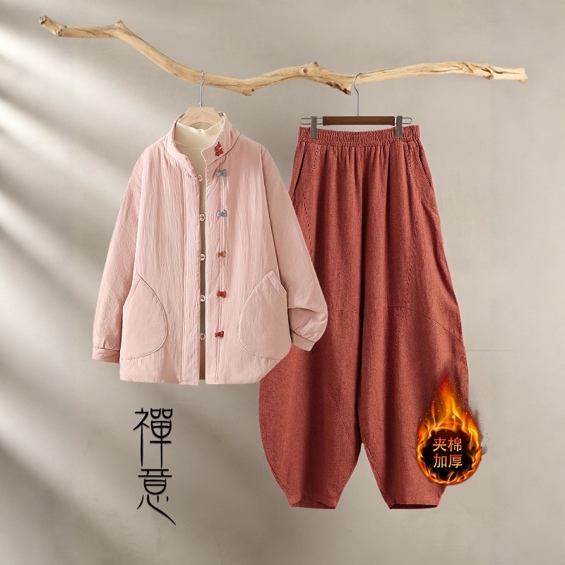 太极服冬装禅意佛系女装新中式国风棉袄棉麻夹棉外套禅修服女套装
