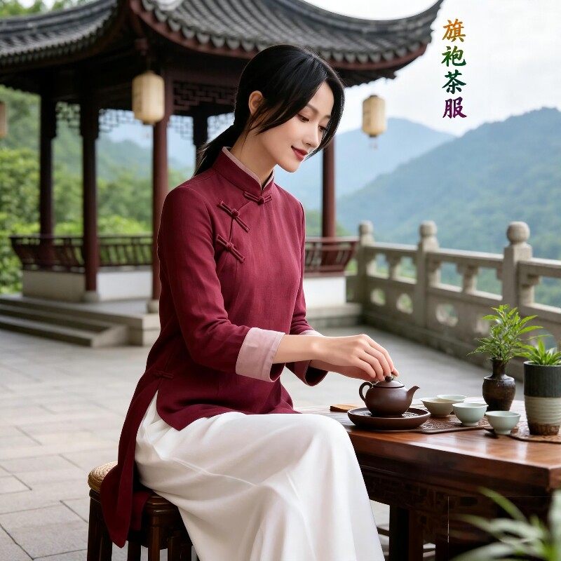 定制中国风茶艺师工作服女禅意复古苎麻棉斜襟旗袍上衣中式泡茶服