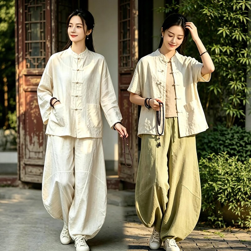 新中式修行居士服女短袖衬衫女春秋宽松立领盘扣禅意茶服国风上衣