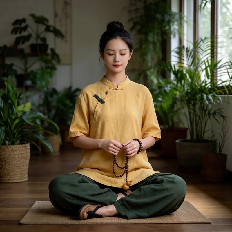 夏季中国风禅修服女套装天丝麻打坐冥想疗愈师服装禅意居士太极服