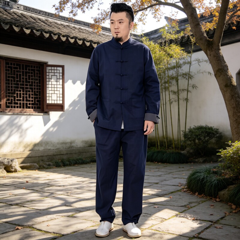 春秋中国风弹力棉麻双层唐装男禅修馆寺院义工国学服装中式工作服