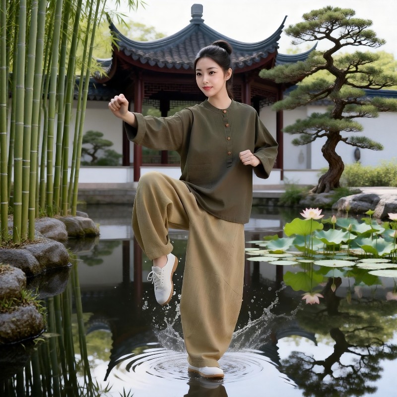 中式八段锦练功服女装棉麻上衣日常可穿太极拳太极服武术表演服装