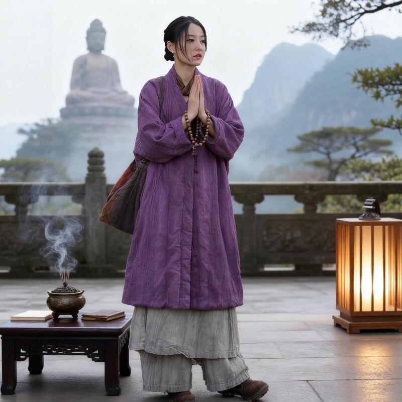 复古棉袍禅服女士秋冬季禅意佛系风夹棉加厚棉服外套年轻人居士服