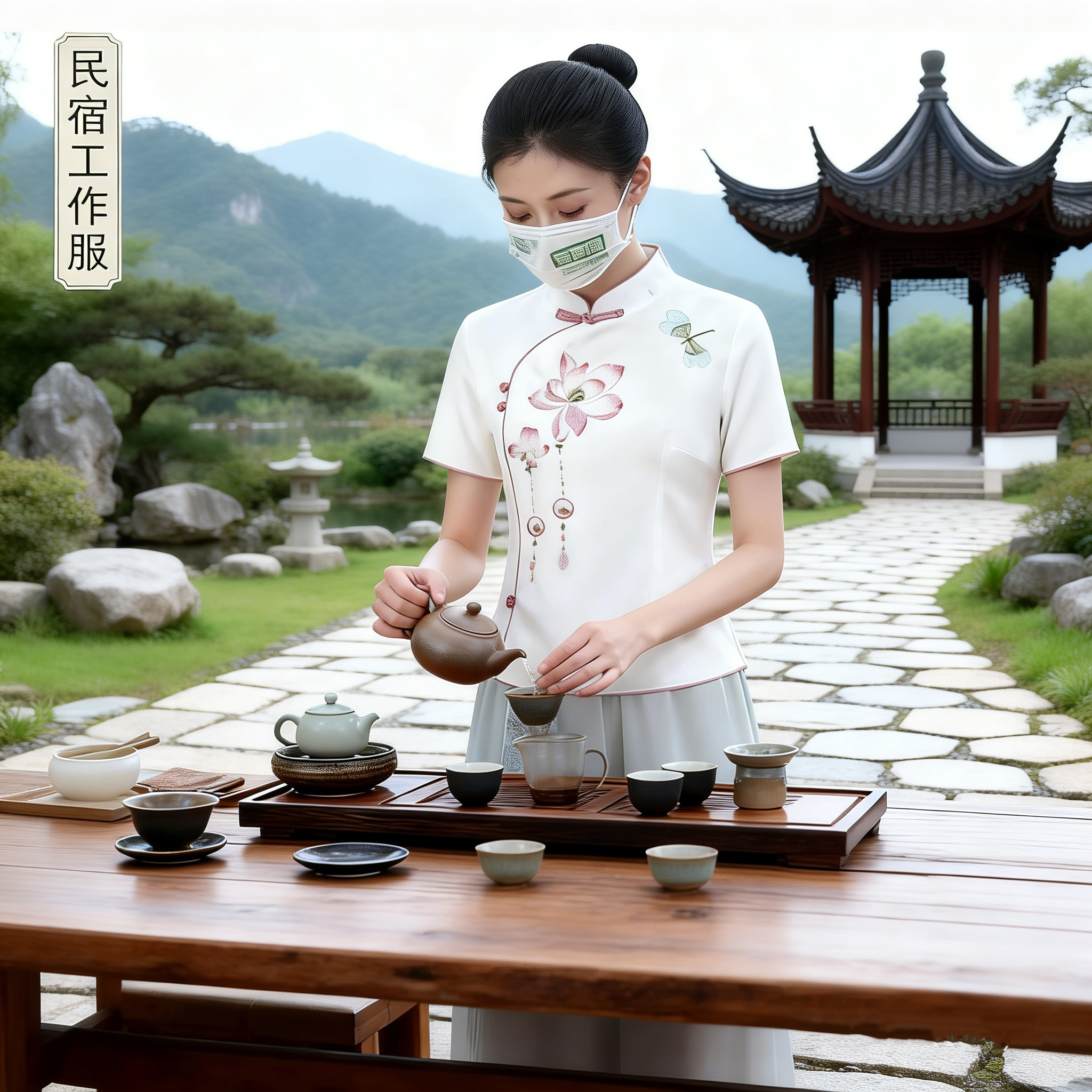 新中式国风民宿工作服女刺绣唐装短袖斜襟上衣养生茶馆茶艺师套装