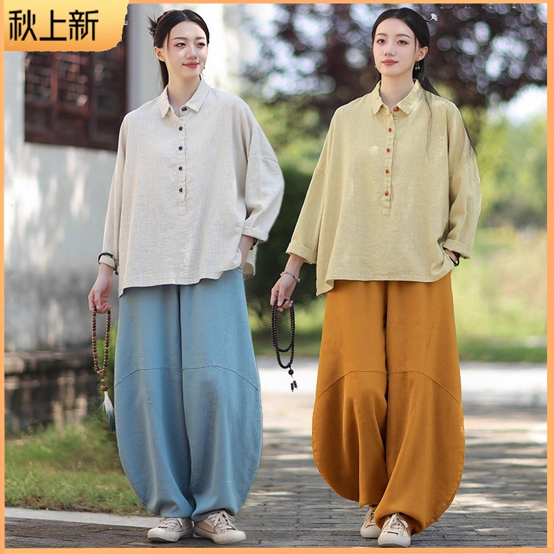 改良禅意佛系女装盘扣宽松上衣新中式禅修居士服女款日常禅服套装