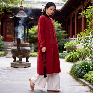 新中式红色居士服女款冬季日常棉衣圆领盘扣禅意佛系棉袄长袍外套