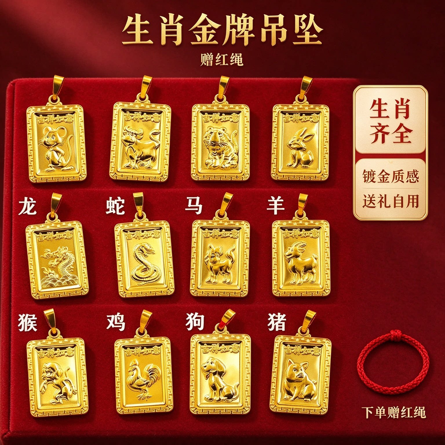 越南沙金十二生肖吊坠男女款仿真黄金铜镀不掉色属相红绳观音方牌