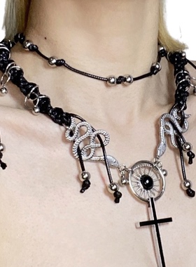 原创设计暗黑朋克双蛇纯手工蜡绳编织小众设计感锁骨链小众项链女