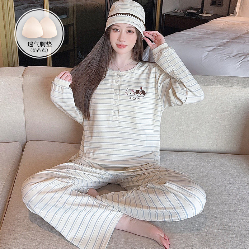 带帽子条纹纯棉月子服4月份春秋夏季薄款产后孕妇睡衣哺乳家居服