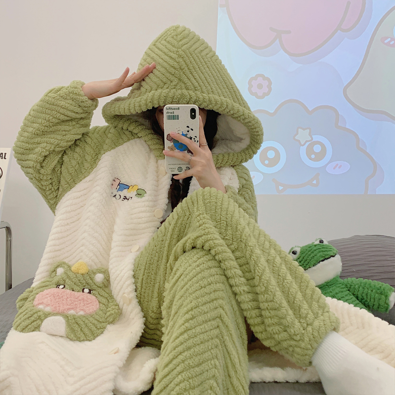 月子服三件套秋冬珊瑚绒睡袍连帽