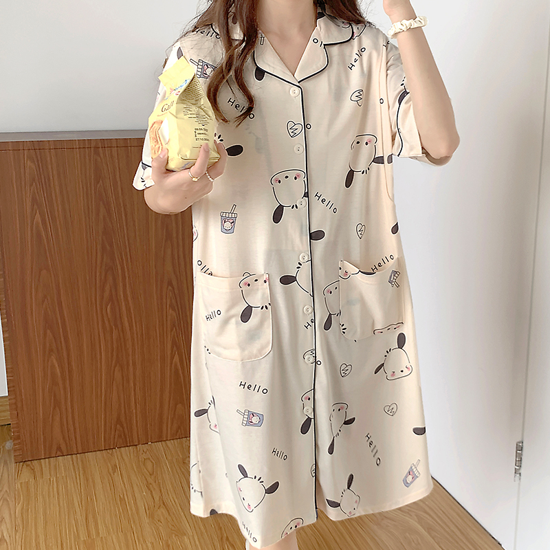 孕妇哺乳睡裙夏款短袖睡衣纯棉开衫待产月子服夏季薄款产后连衣裙
