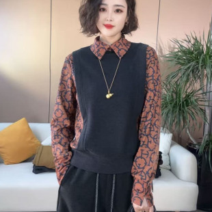 春季新款翻领假两件拼接长袖打底衫女款气质减龄显瘦时尚百搭T恤