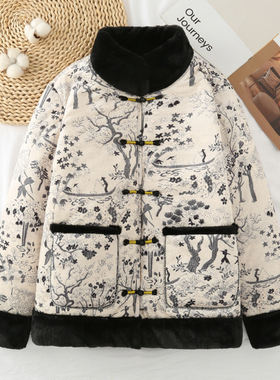 水墨风国风盘扣棉衣女宽松立领加厚保暖时尚棉服外套