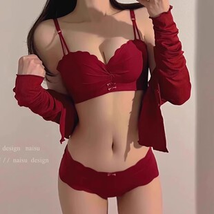 维多利亚本命年红色内衣女上托小胸聚拢无钢圈结婚新娘文胸罩套装