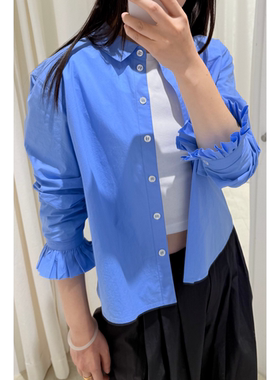 SIMPLY PUT 甜美60S高密全棉府绸精致诗人荷叶袖短款翻领衬衫女