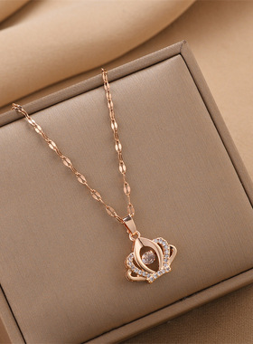 新款钛钢项链女玫瑰金灵动大皇冠爱心天使不锈钢锁骨链女项链