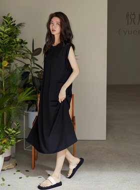 悦内带胸垫一体睡裙女睡衣夏季莫代尔无袖背心夏款黑色可出门外穿