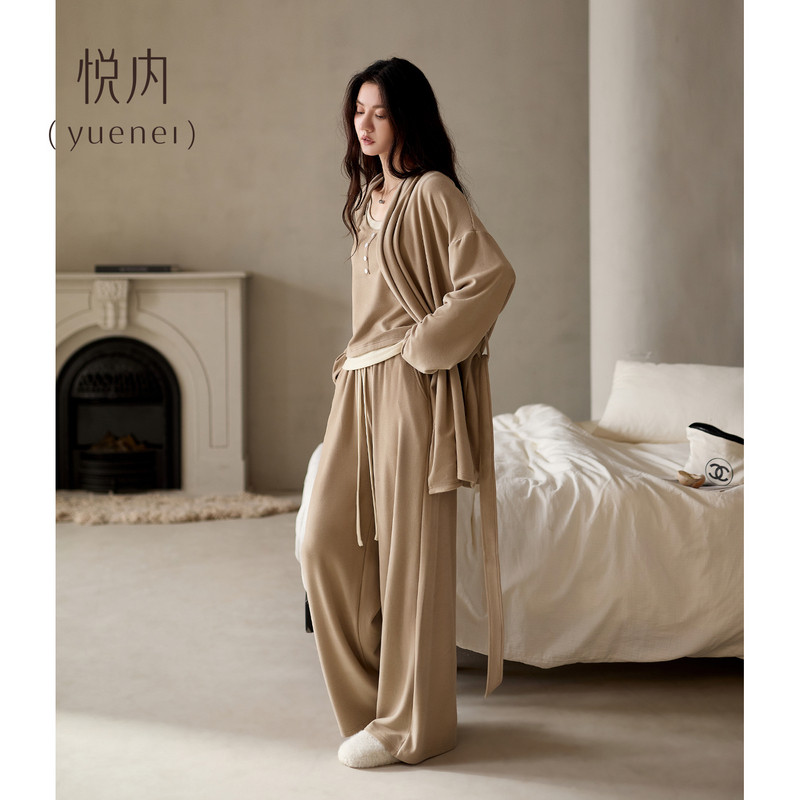 悦内睡衣女士冬季秋冬德绒保暖家居服薄绒睡袍浴袍休闲时尚三件套