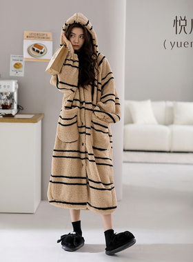 悦内睡袍女睡衣睡裙秋冬款冬季加厚加绒冬天珊瑚绒长款条纹家居服