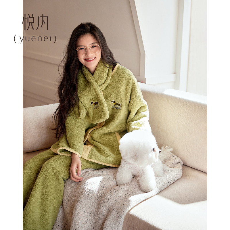 悦内睡衣女士冬款秋冬法兰绒加绒加厚珊瑚绒带围脖保暖家居服套装