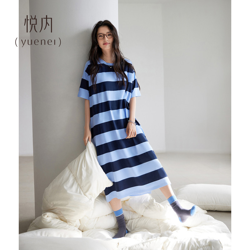 悦内睡裙女款夏季夏天纯棉短袖撞色条纹宽松休闲圆领时尚睡衣长裙