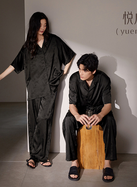 悦内情侣睡衣女夏季夏款冰丝绸短袖长裤仿真丝家居服男黑色高级感