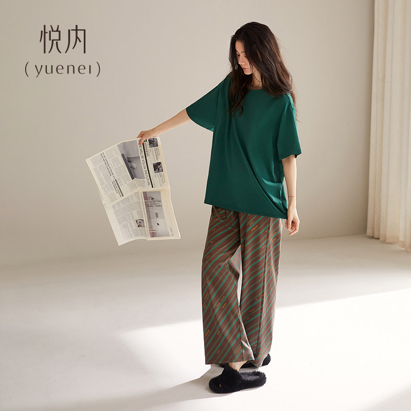 悦内带胸垫睡衣女夏季夏天纯棉短袖长裤家居服休闲宽松大码可外穿