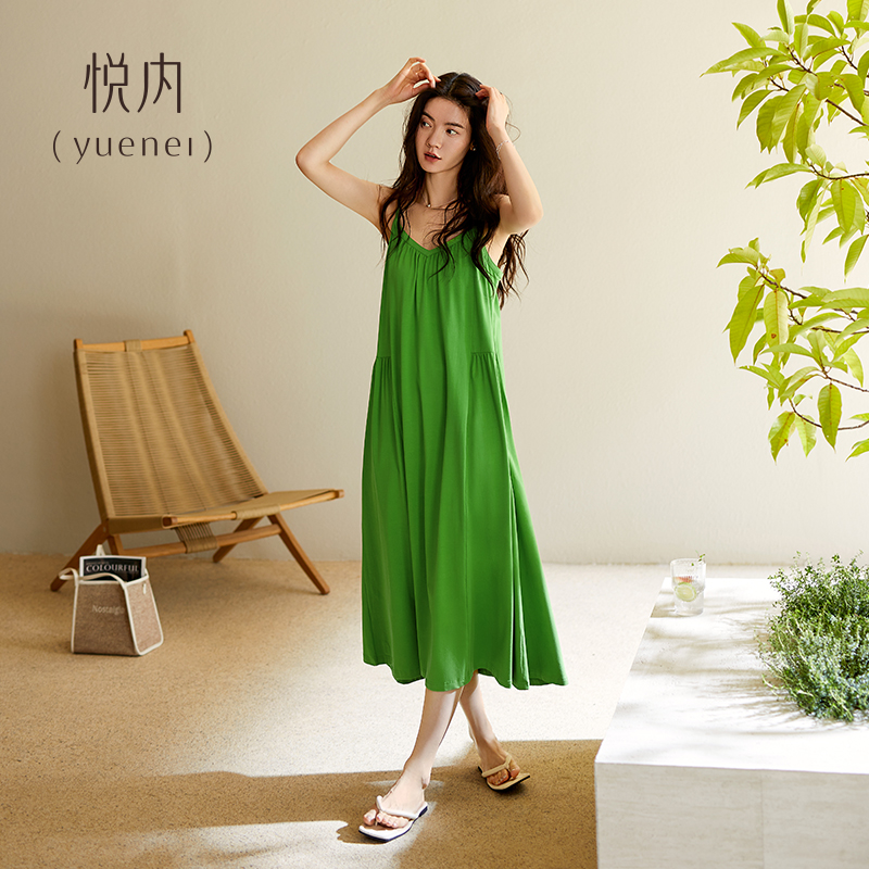 悦内带胸垫睡裙女款睡衣裙子夏季夏天莫代尔吊带背心大码长款绿色