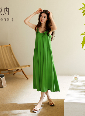 悦内带胸垫睡裙女款睡衣裙子夏季夏天莫代尔吊带背心大码长款绿色
