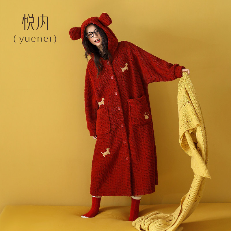 悦内睡袍女睡衣冬季法兰绒加厚珊瑚绒长款大码保暖开衫红色本命年