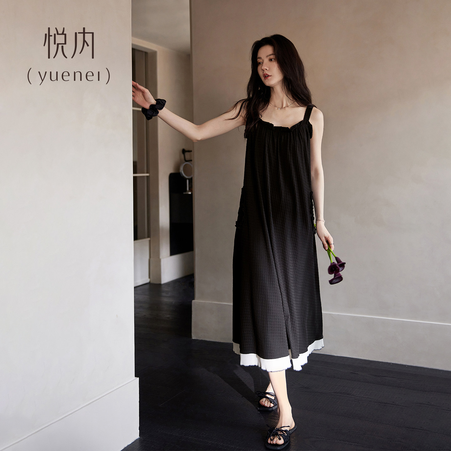 悦内带胸垫睡裙女士睡衣夏季纯棉无袖吊带背心长款裙子宽松高级感