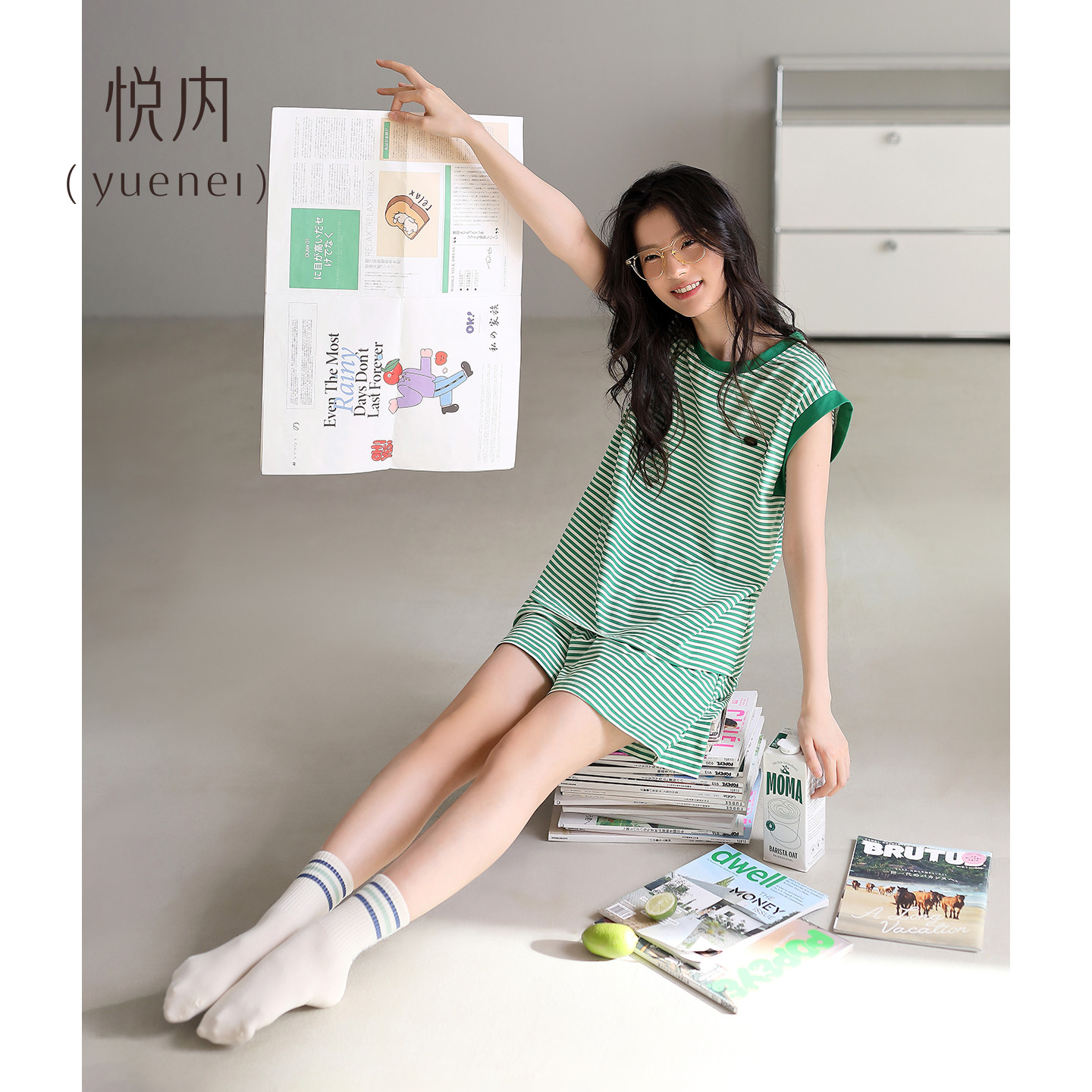 悦内带胸垫睡衣女夏季夏天纯棉无袖背心短裤家居服大码条纹可外穿