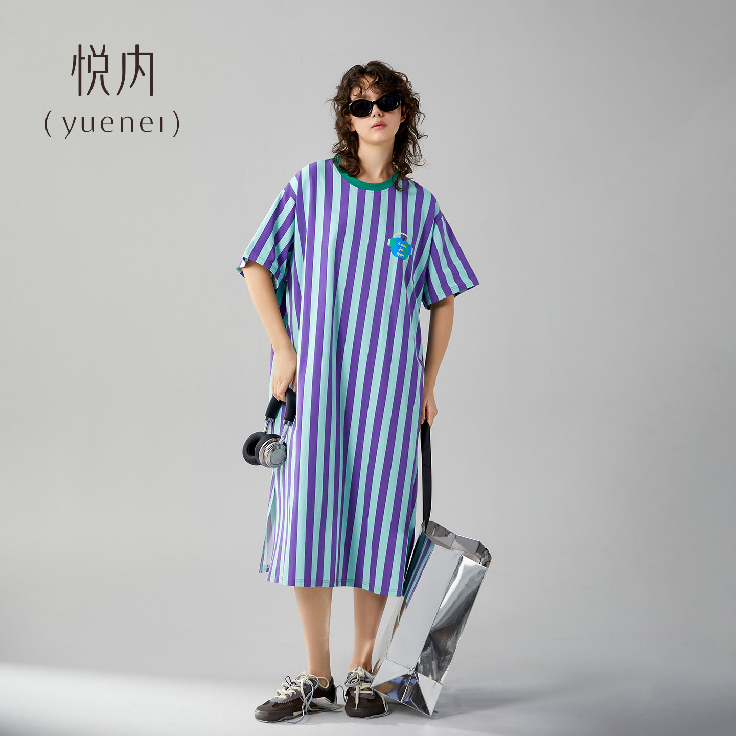悦内睡裙女士睡衣夏季夏款纯棉短袖条纹长款宽松休闲英伦风高级感