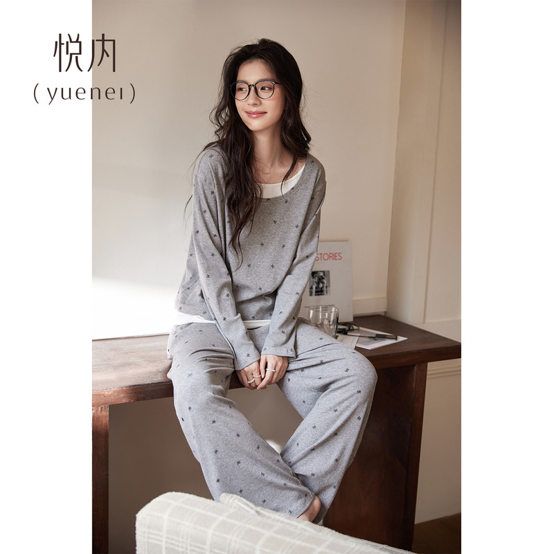 悦内带胸垫一体睡衣女春秋纯棉长袖假两件家居服大码休闲圆领套装