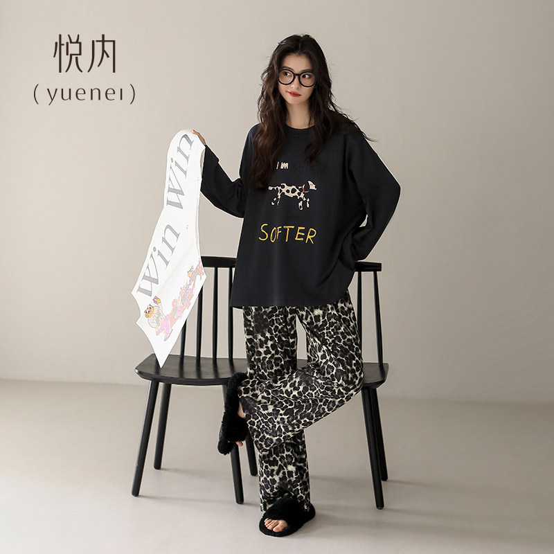 悦内睡衣女款春秋季纯棉长袖家居服宽松大码卡通斑点狗圆领可外穿