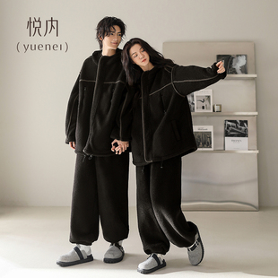 悦内情侣睡衣女秋冬季 休闲可外穿黑 珊瑚绒加厚加绒保暖家居服男款