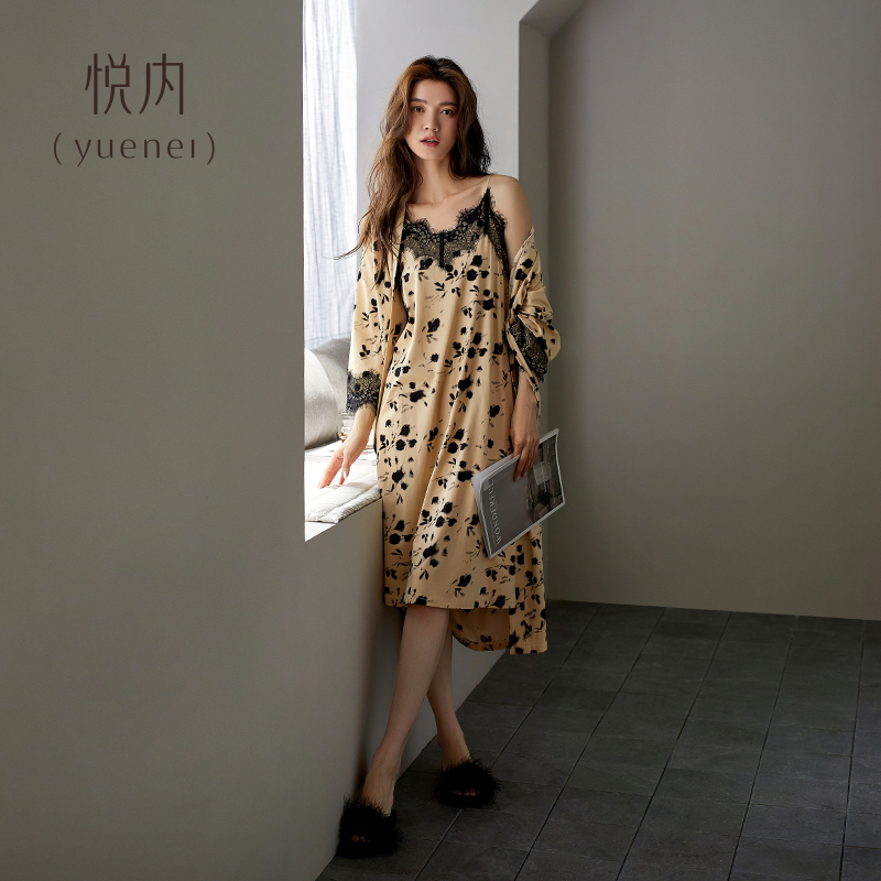 悦内带胸垫睡衣女士睡袍春秋款纯棉长袖夏季薄款吊带睡裙两件套装