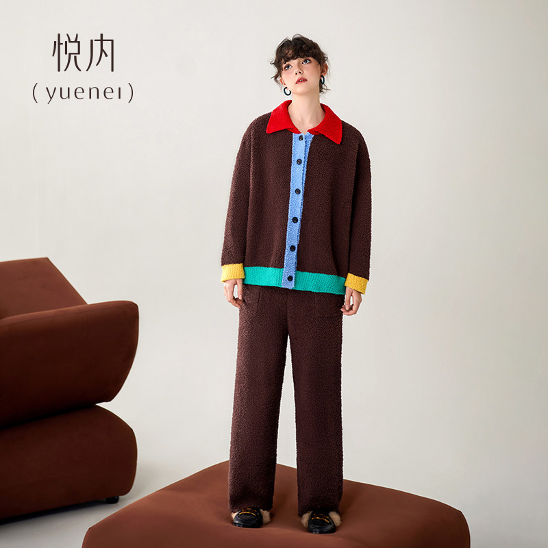 悦内半边绒睡衣女秋冬款冬季珊瑚绒家居服加绒加厚保暖毛绒可外穿