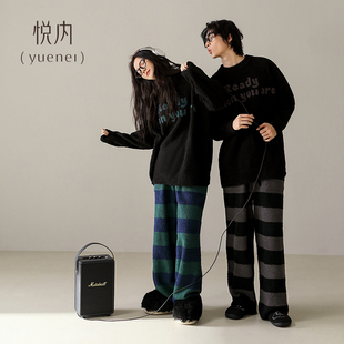 悦内情侣半边绒睡衣女冬季冬天加厚珊瑚绒毛绒家居服男士大码冬装