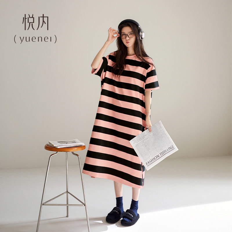 悦内睡裙女士夏季夏天纯棉短袖韩系条纹大码中长款睡衣裙可外穿