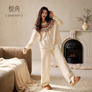 悦内半边绒睡衣女冬季秋冬款珊瑚绒加绒加厚保暖家居服复古费尔岛