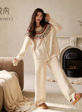 悦内半边绒睡衣女冬季秋冬款珊瑚绒加绒加厚保暖家居服复古费尔岛