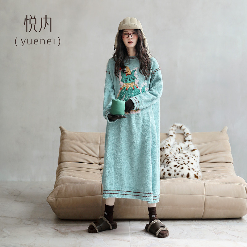 悦内半边绒睡裙女睡衣秋冬季珊瑚绒加厚加绒舒适居家保暖毛绒长裙