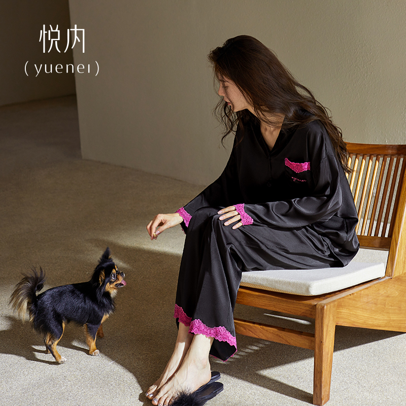 悦内睡衣女款夏季薄款长袖冰丝家居服春秋款丝绸轻奢风高级感黑色